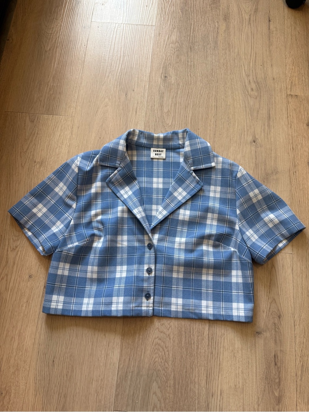 Aritzia Sunday Best Blue and White Plaid Cropped Button-Down